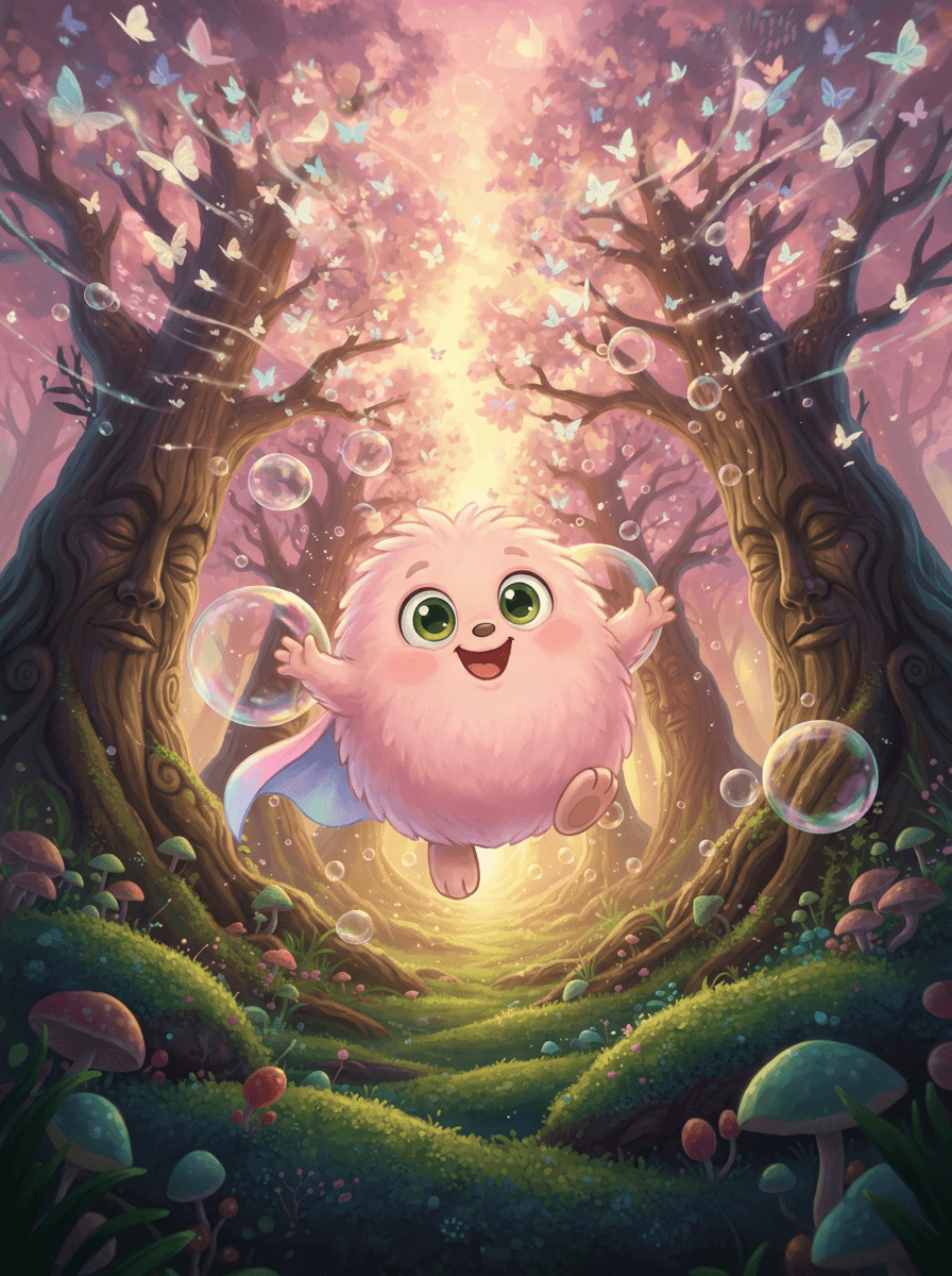 Small pink Fluffy character wearing a scarf exploring the magical Whispering Woods.