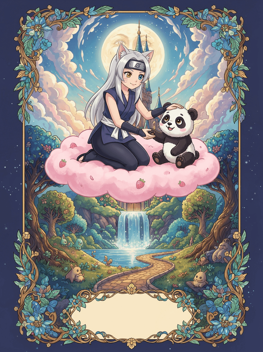 Ninja girl Shiki and a fuzzy panda cub on colorful bouncy clouds.