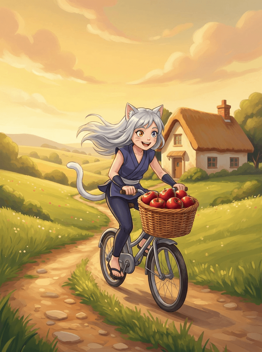 Кошечка-ниндзя Shiki на быстром велосипеде везет корзину яблок по дорожке.