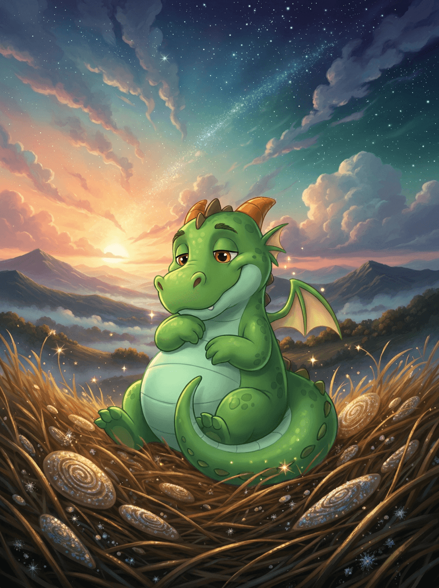 Der grüne Drache Zog sitzt gemütlich in seinem Nest unter Sternen.