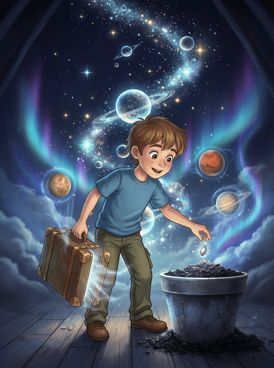 Malý Jakub v pokoji sází stříbrná semínka do květináče.