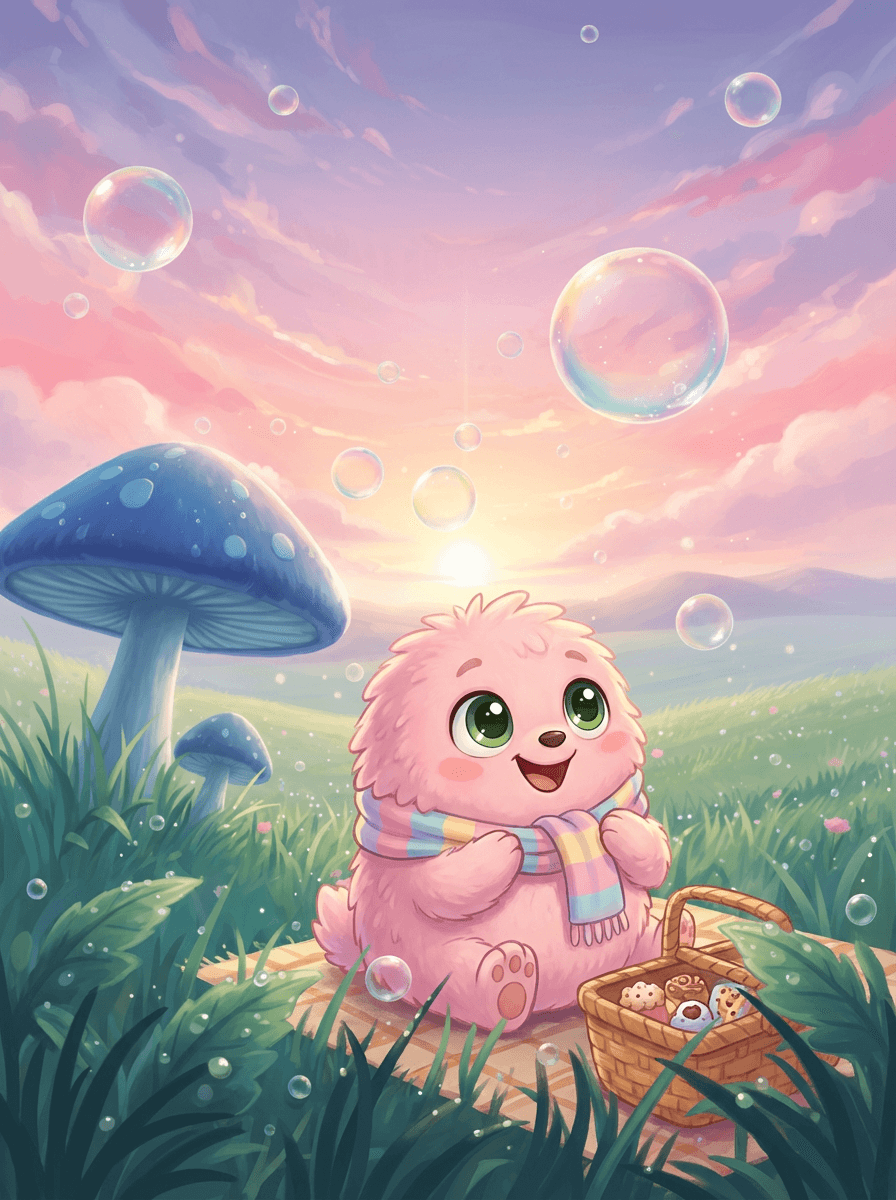 Růžový Fluffy a modrý dráček Sparky v kouzelném údolí plném duhových bublin.