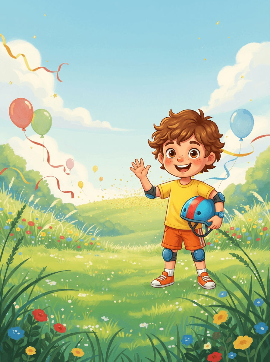 Malý oslavenec Daneček v barevné helmě na kole v rozkvetlé zahradě.