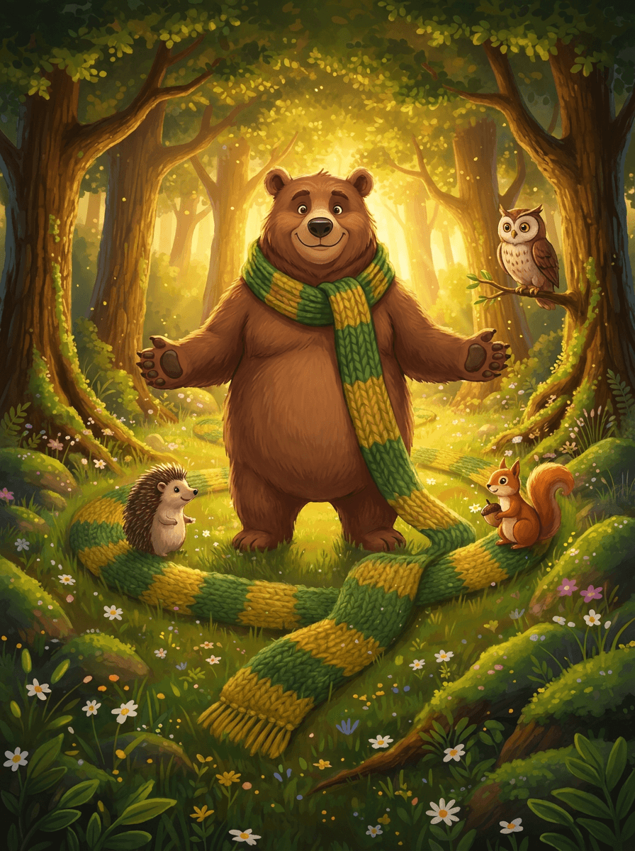 Ursul Bramble cu fular lung în Poiana Dimineții printre prietenii din pădure.