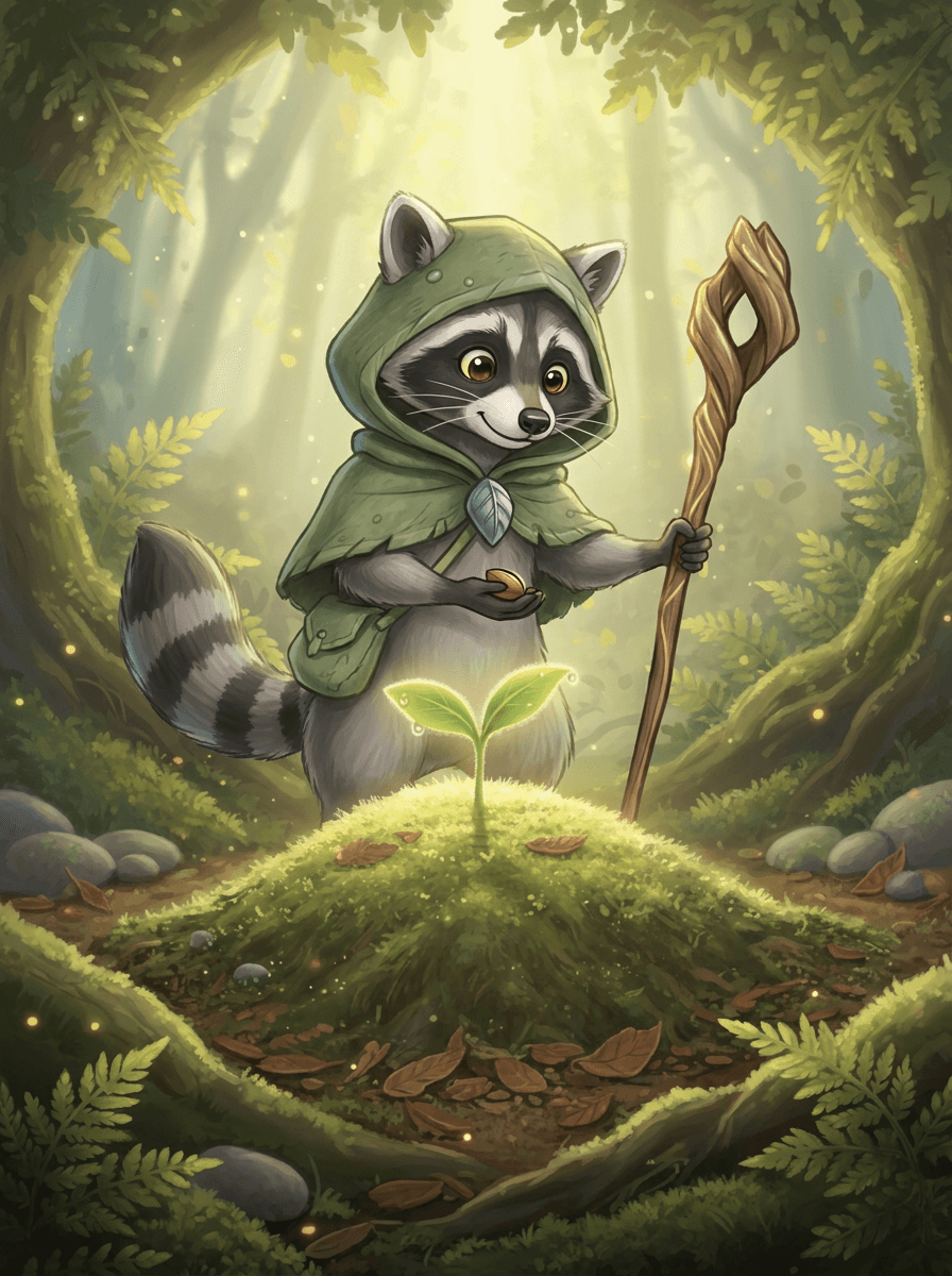Malý Raccoon so zelenou kapucňou a čarovnou paličkou v Šepkajúcom lese.