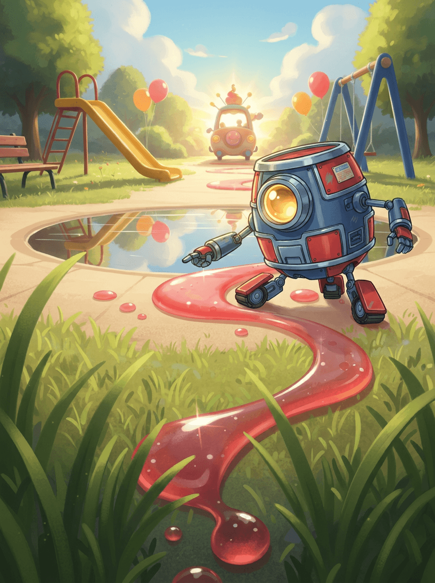 Malý robot Beep sleduje růžové kapky jahodové polevy na cestě v parku.