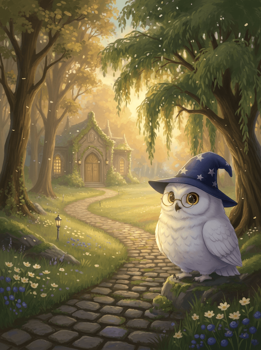 Сова Luna в шляпе волшебника выбирает между гоночным болидом и велосипедом.
