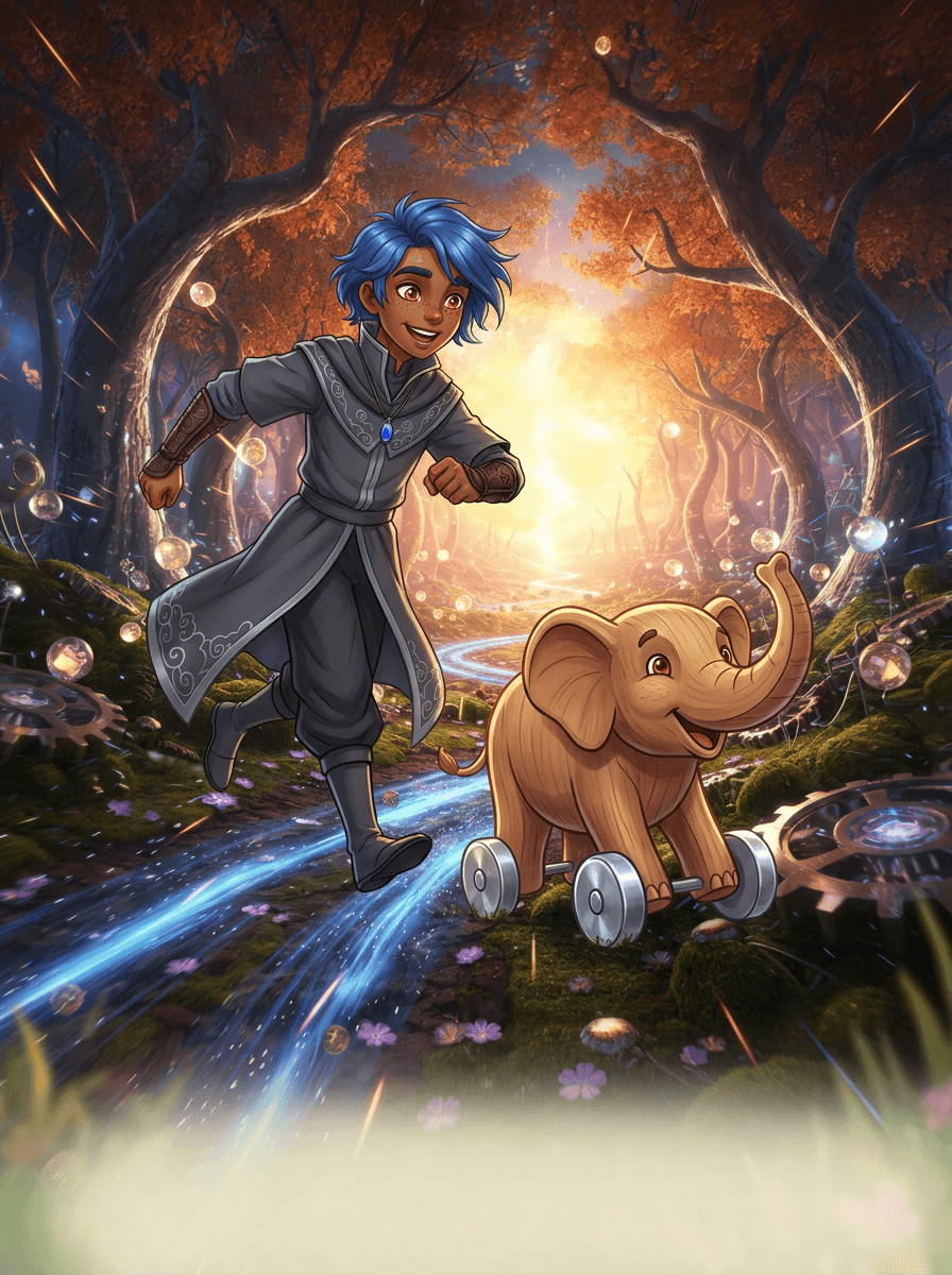 O menino Ryu coloca rodas mágicas no elefante de madeira Tumbas.