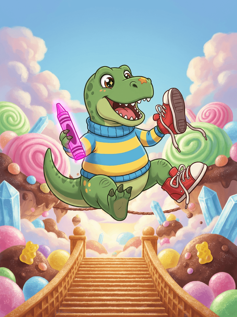 Dinosaurien Rex i randig tröja med sin rosa magiska krita.