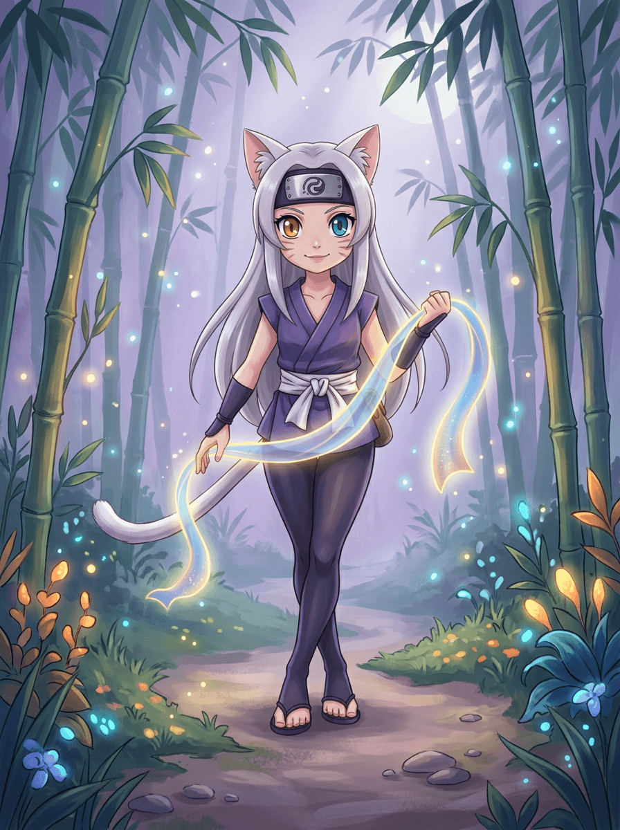 La piccola ninja Shiki con il gattino Nuvola nella foresta di bambù.