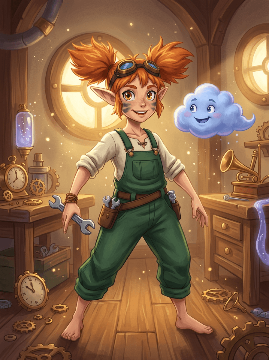 Spark la elfa inventora ajusta su trampa mágica en su taller.