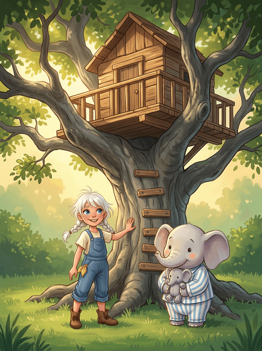 Zoe und Elefant Oto bauen gemeinsam ihr sicheres Baumhaus an einer Eiche.