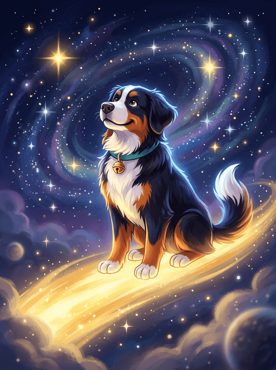 Trixi la perrita valiente viajando por el espacio hacia montañas de cristal.