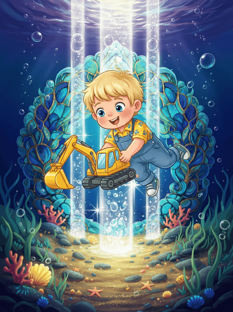 A little boy with an excavator and flashing sneakers underwater with fish.