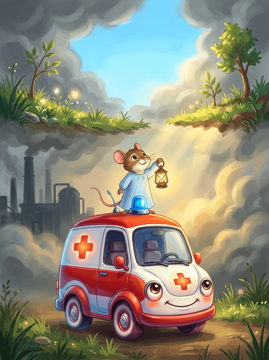 Ambulância Viu e ratinha Pip sob céu cinza buscando o sol.