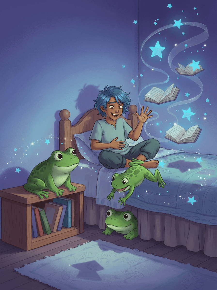 Il piccolo mago Ryu con capelli blu e le sue scarpe ranocchio.