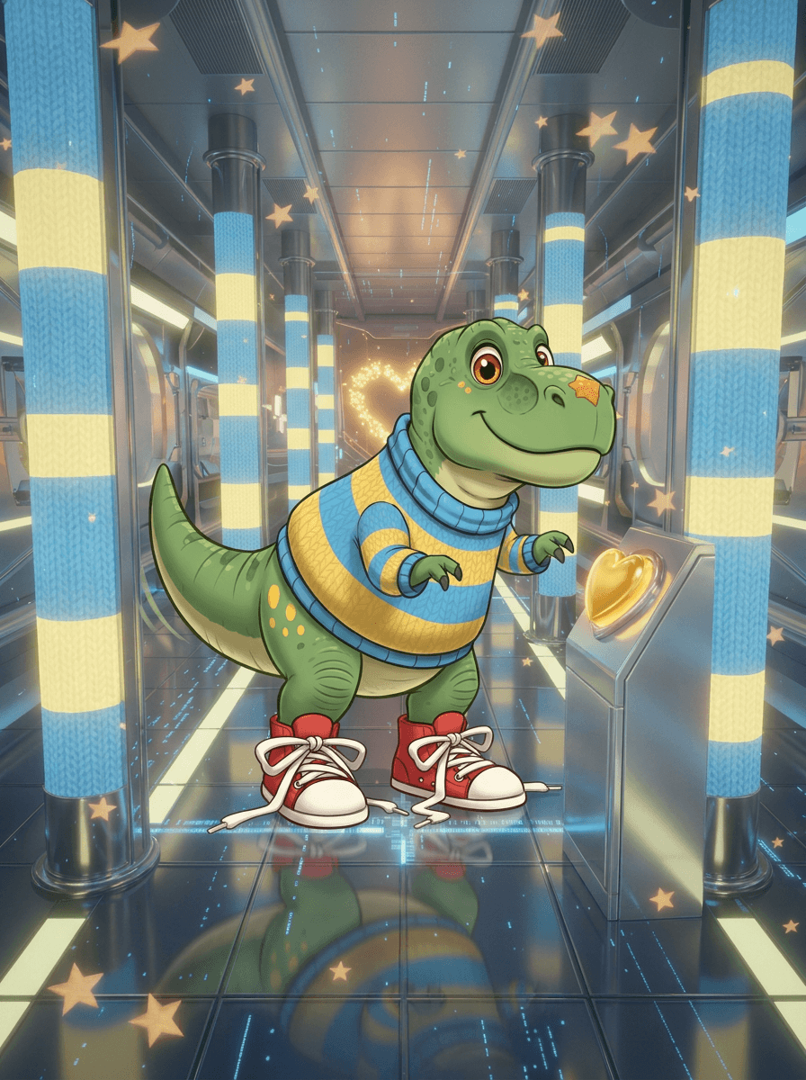 Rex the T-Rex wearing his striped sweater at the Science Museum.