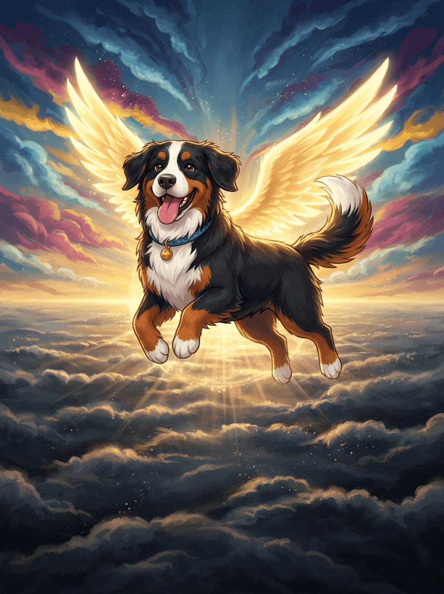 Trixi, il Bovaro del Bernese con ali magiche, nel Regno dei Colori.