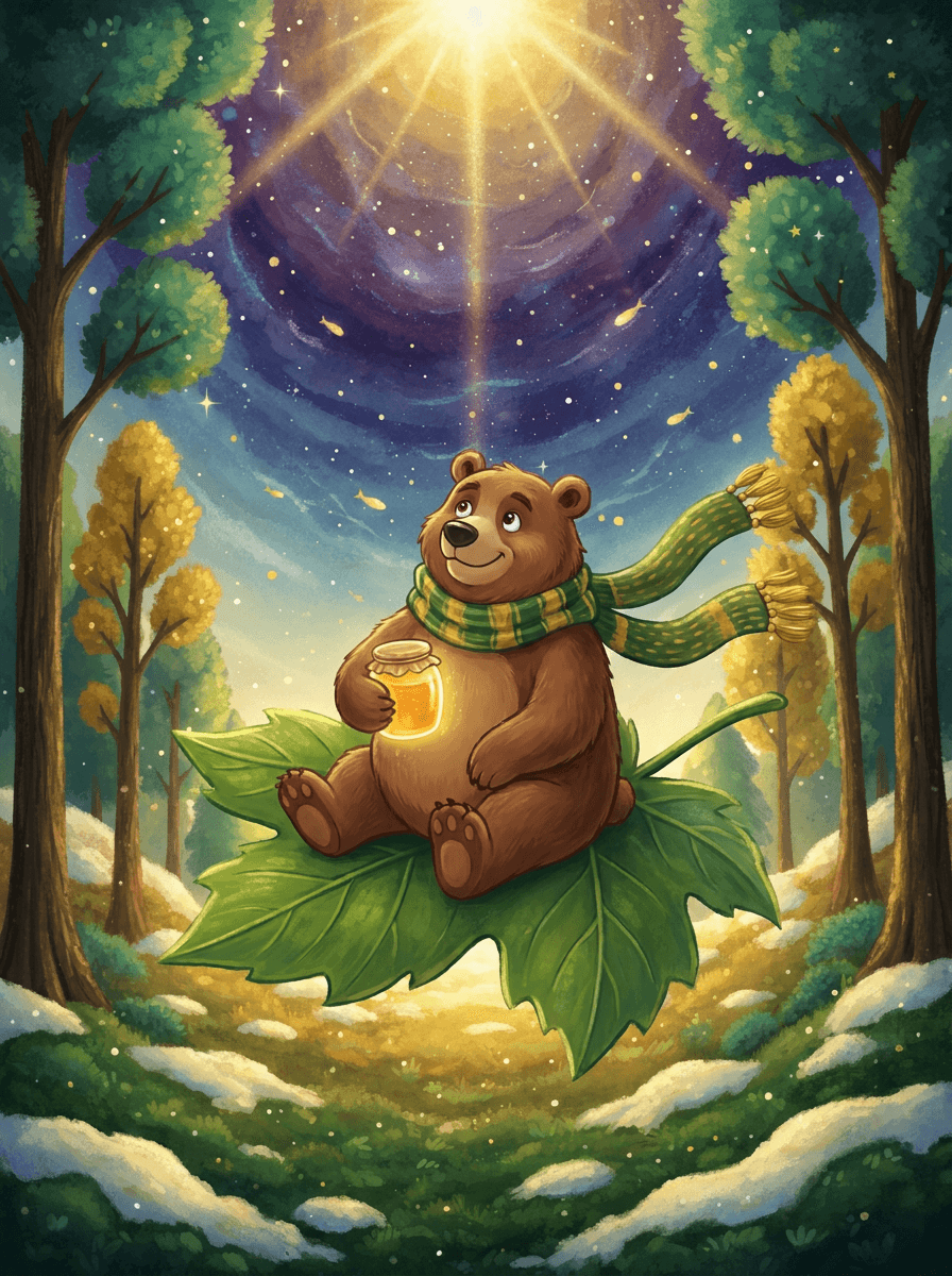 Bramble the bear in his green leaf-spaceship among twinkling stars.