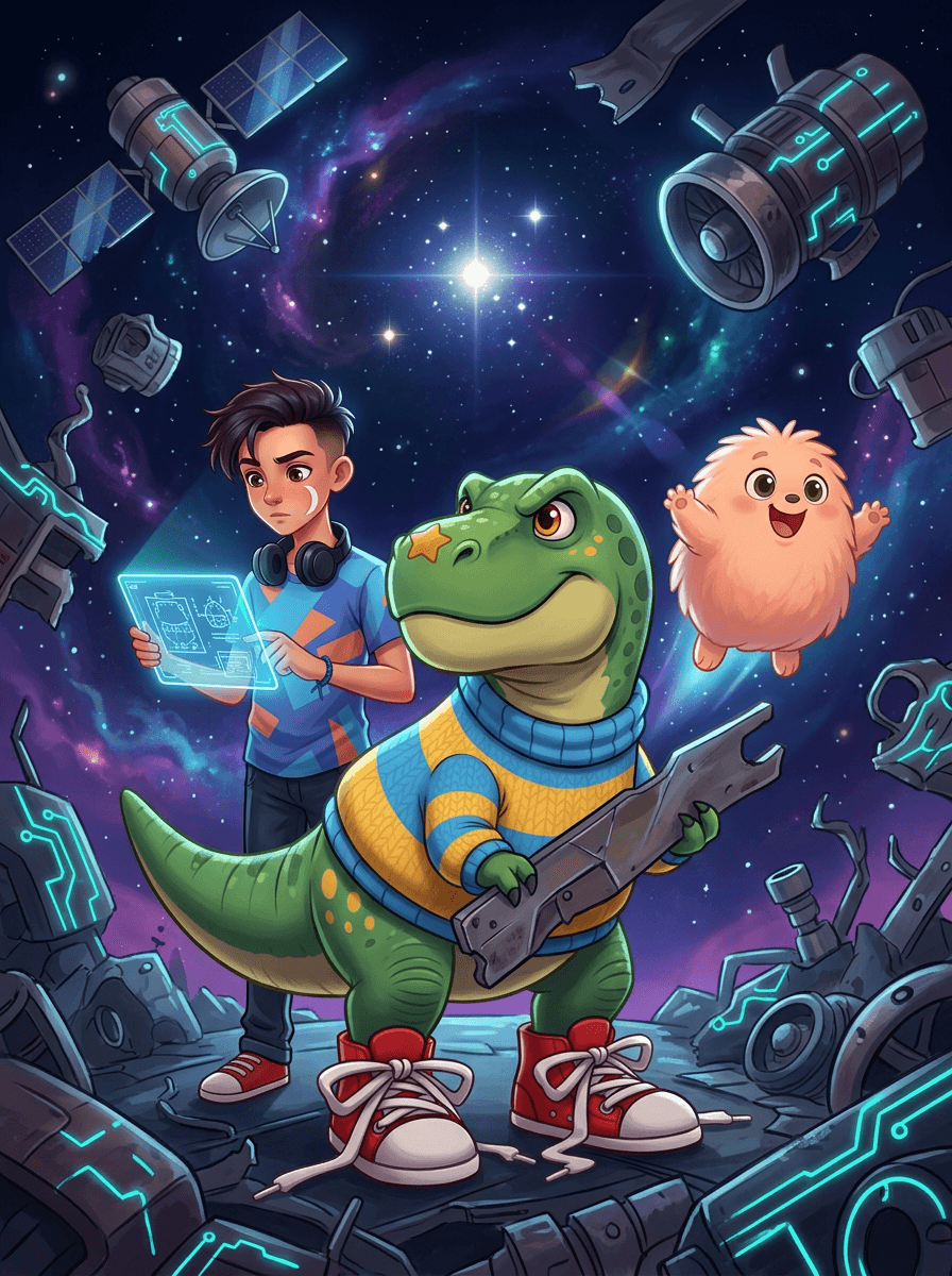 Dinosaurier Rex in Turnschuhen steht inmitten schwebender Wrackteile im glitzernden Weltraum.