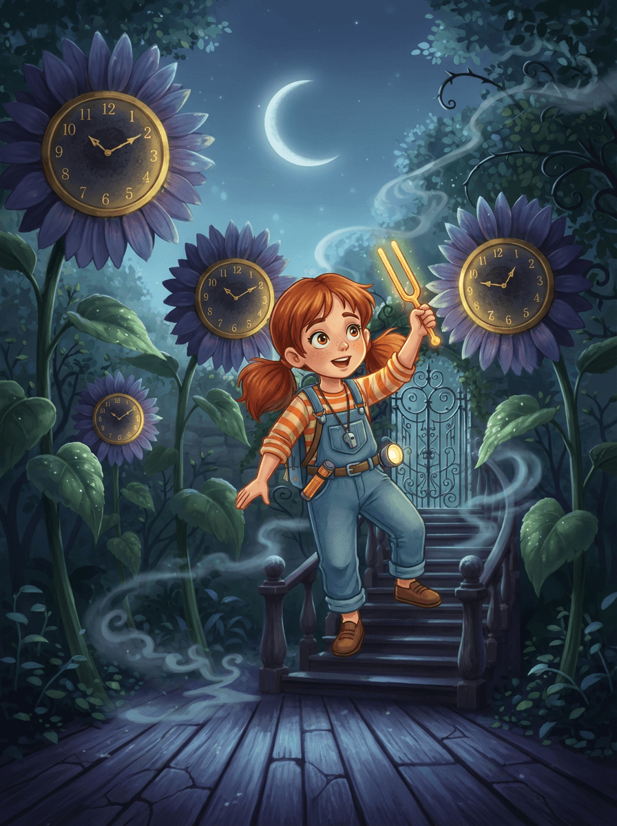 Mia, Leo, and Sam stand bravely amidst giant humming sunflowers at night.