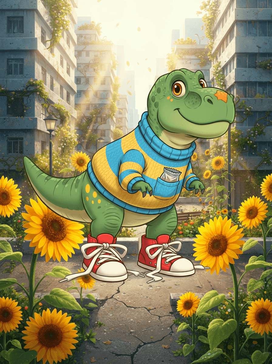 Dinosaurien Rex i ränder och röda sneakers bland stora gyllene solrosor.