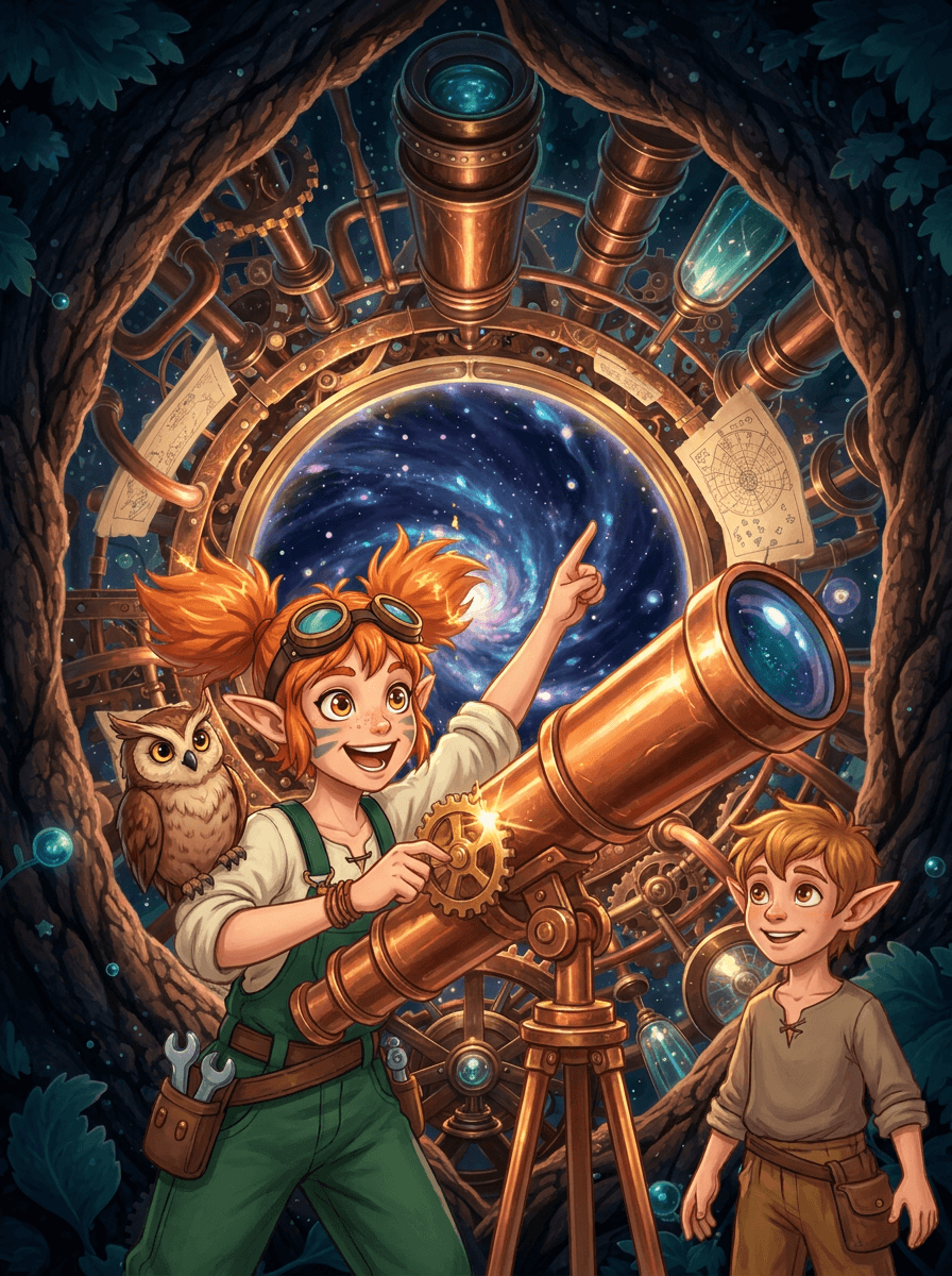 Эльфийка Spark в очках стоит у телескопа на фоне звездного неба.