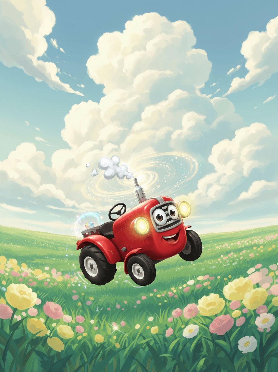 Malý červený traktůrek se vznáší mezi mraky nad zelenou rozkvetlou loukou.