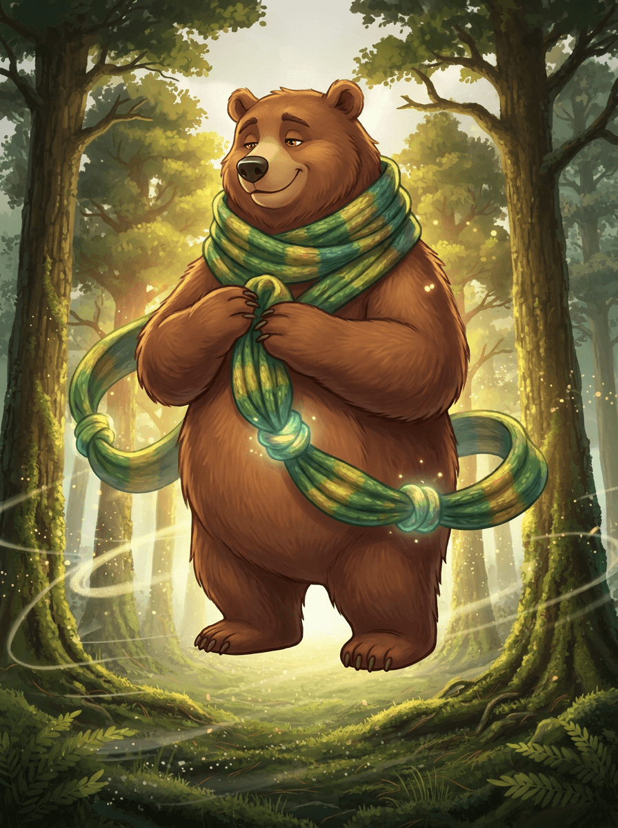 L'orso Bramble con la sua sciarpa colorata nella foresta silenziosa.