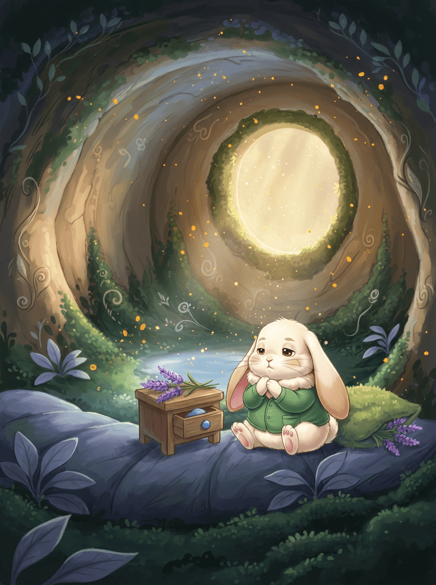 Malý zajíček s pyžamem u postýlky vybírá mezi magickým kamínkem a bylinkou.