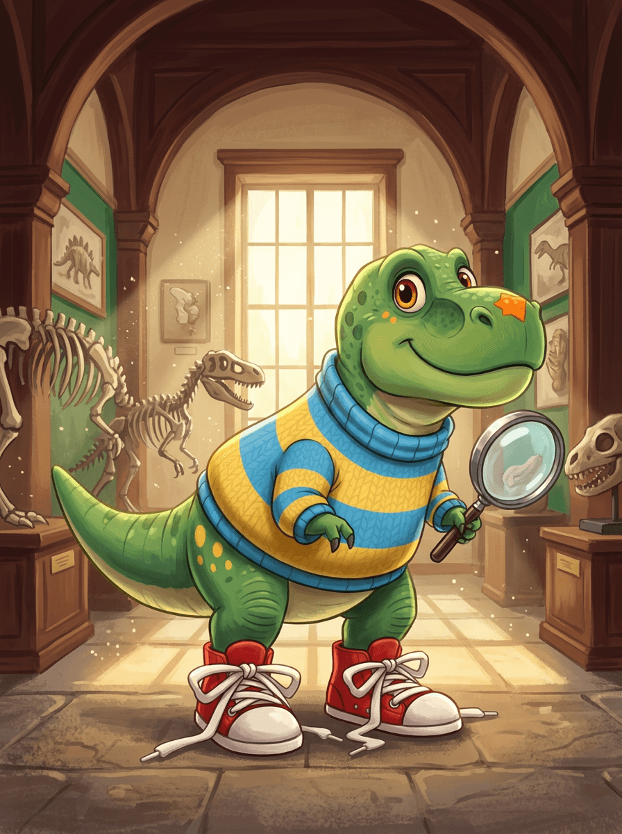 Dinosaurus Rex v teniskách a pruhovaném svetru před historickým muzeem.