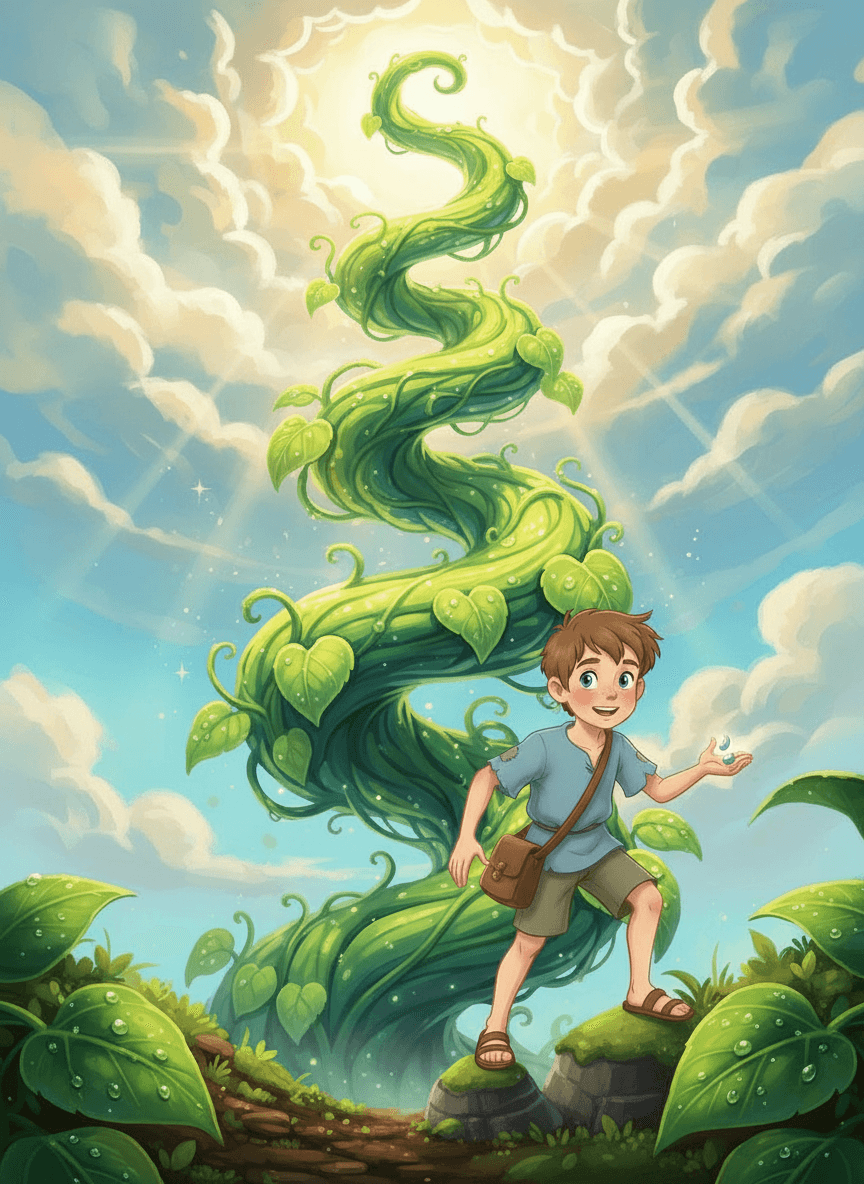 Young Jack climbs a giant green beanstalk stretching high into the clouds.