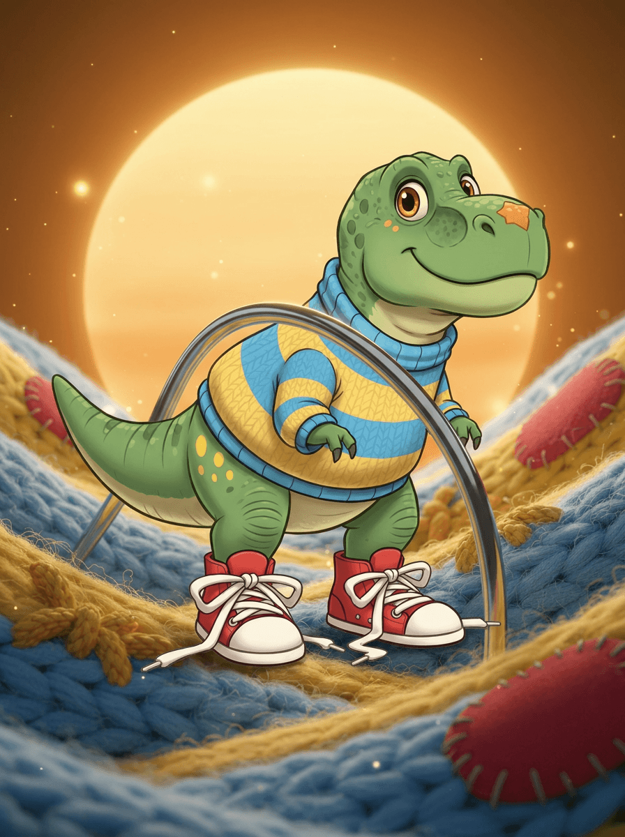 Dinossauro Rex de camisola e ténis vermelhos a usar um estetoscópio.