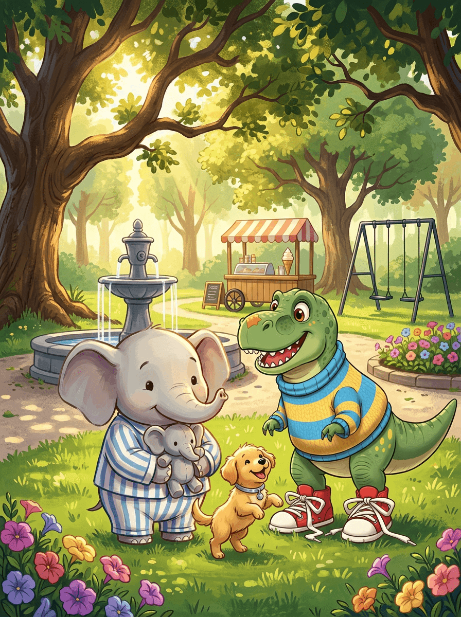 Young Oto the elephant and Rex find a golden puppy near trees.