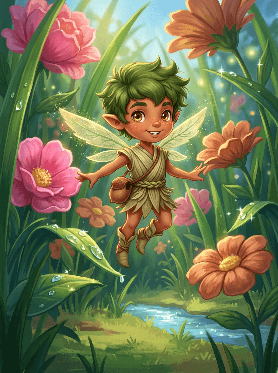 Tiny sprite Barnaby with moss-green hair stands amidst wilting garden roses.