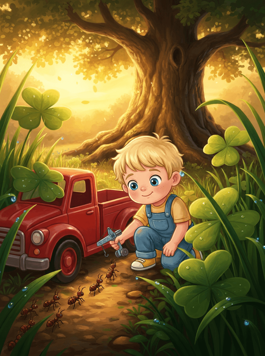Le petit Adam et son camion de pompiers dans un jardin verdoyant.