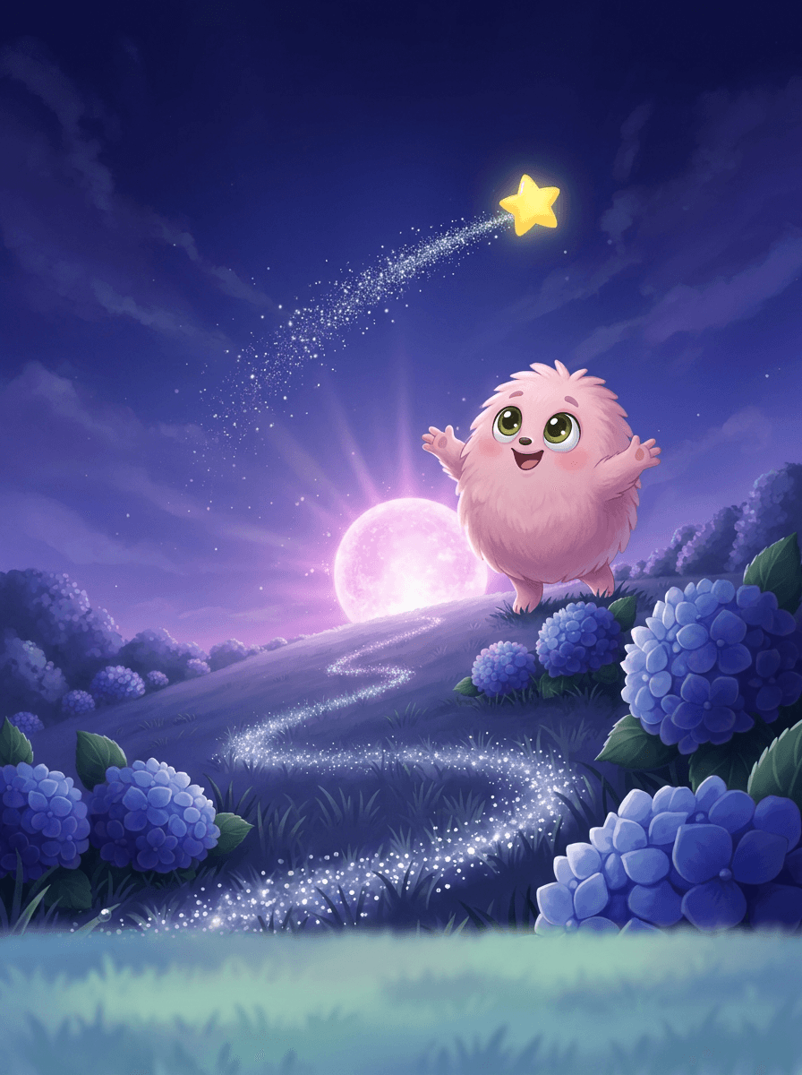 Pink fuzzy Fluffy hugs Pip the glowing star in a magical garden.