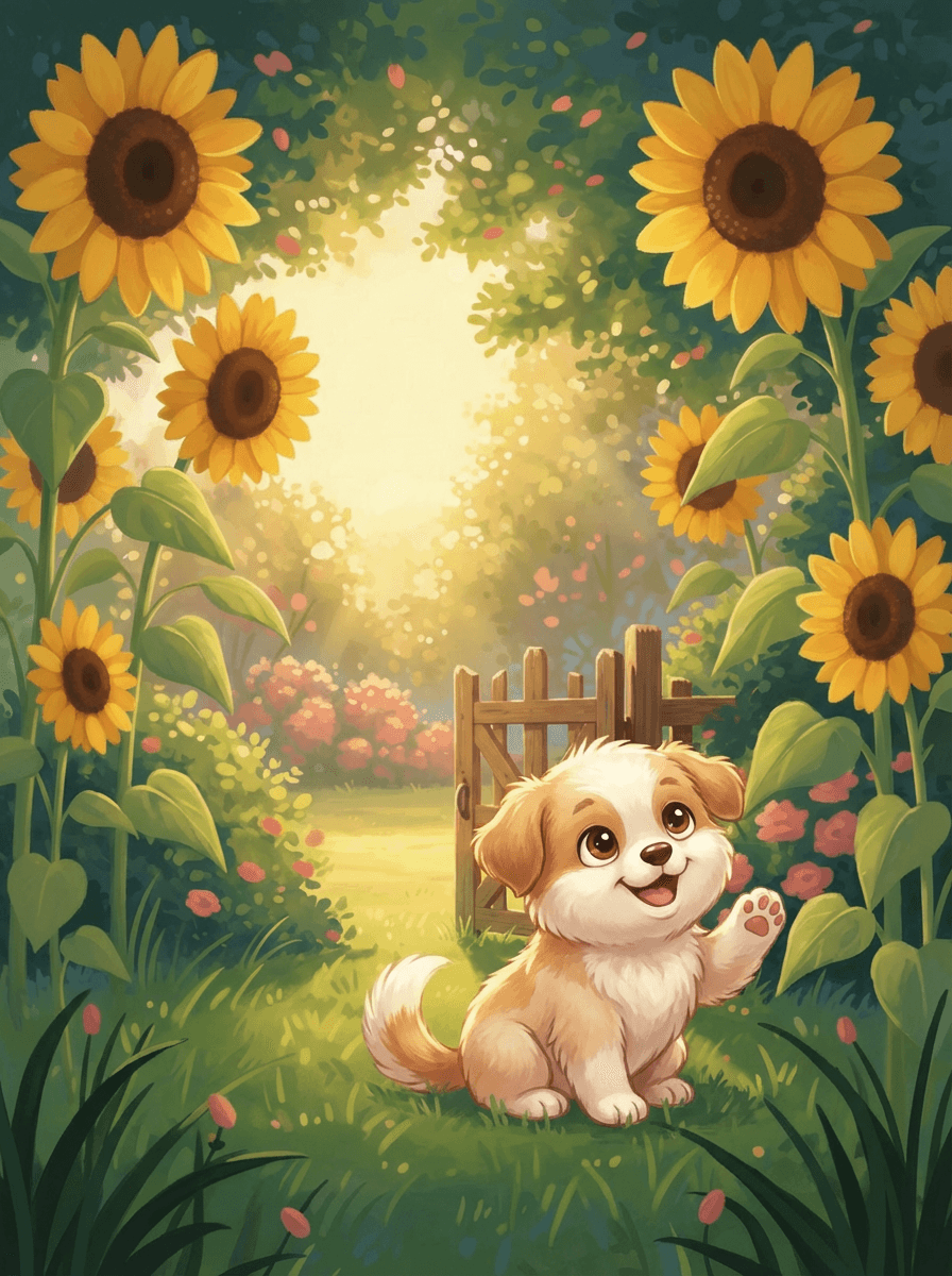 A happy puppy named Wiggles wagging his tail behind a garden gate.