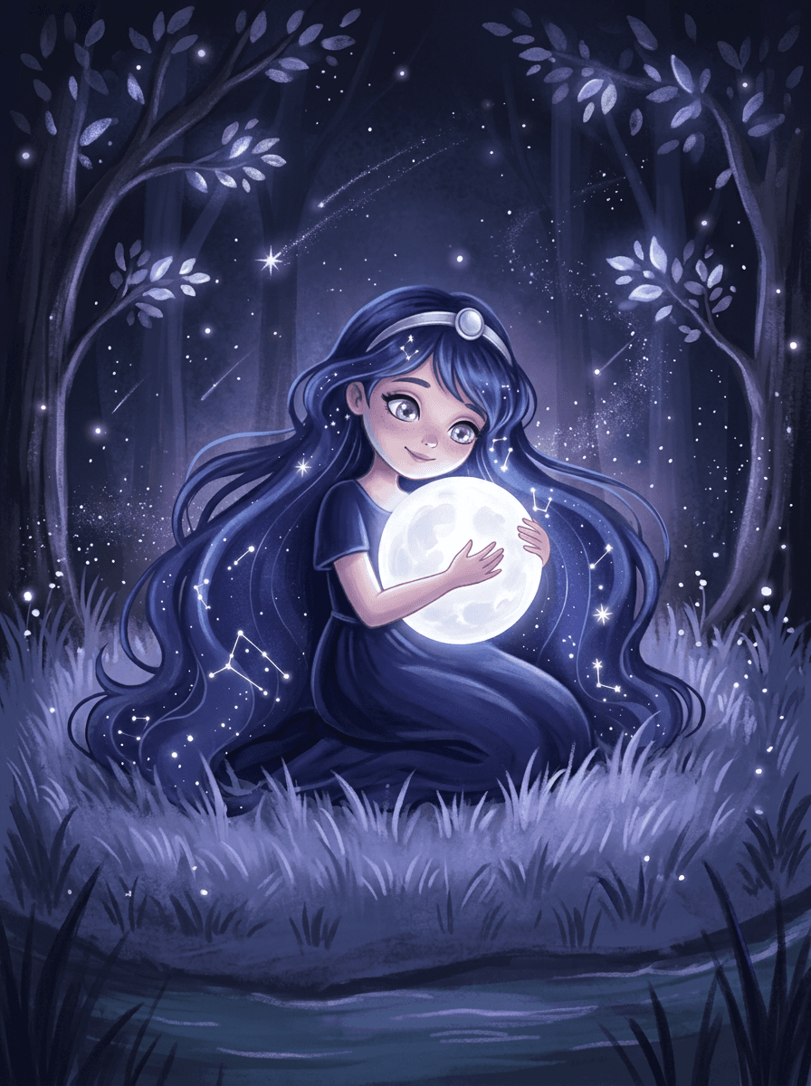 Nova holds a glowing moon-ball in a peaceful, starlit forest setting.