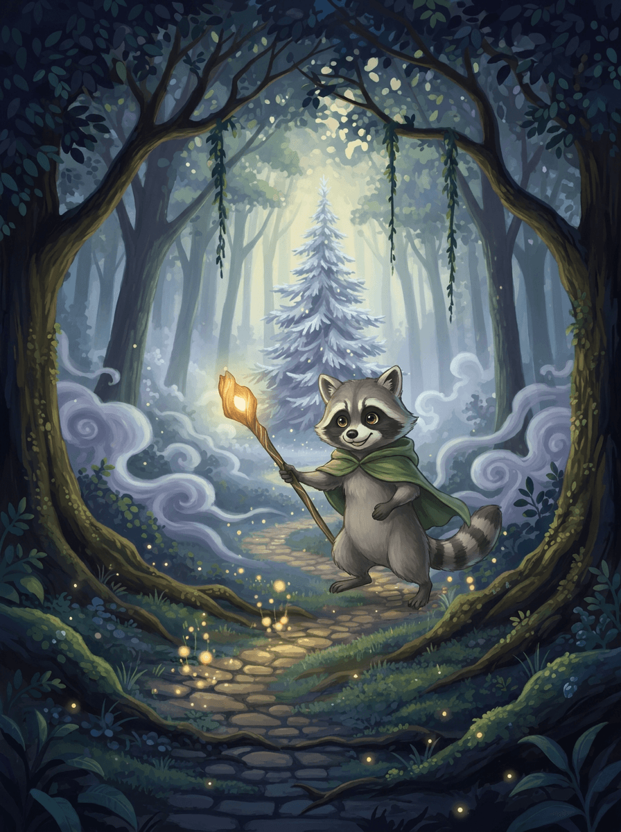 Vaskebjørnen Raccoon i en tåget skov med sin lysende magiske stav.