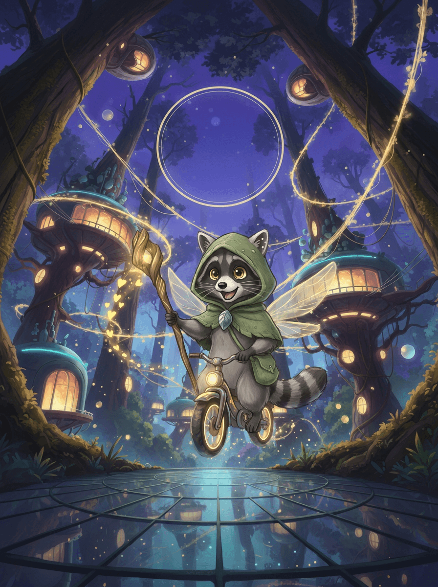 Waschbär Raccoon mit Zauberstab repariert ein fliegendes Fahrrad in Himmelsnest.