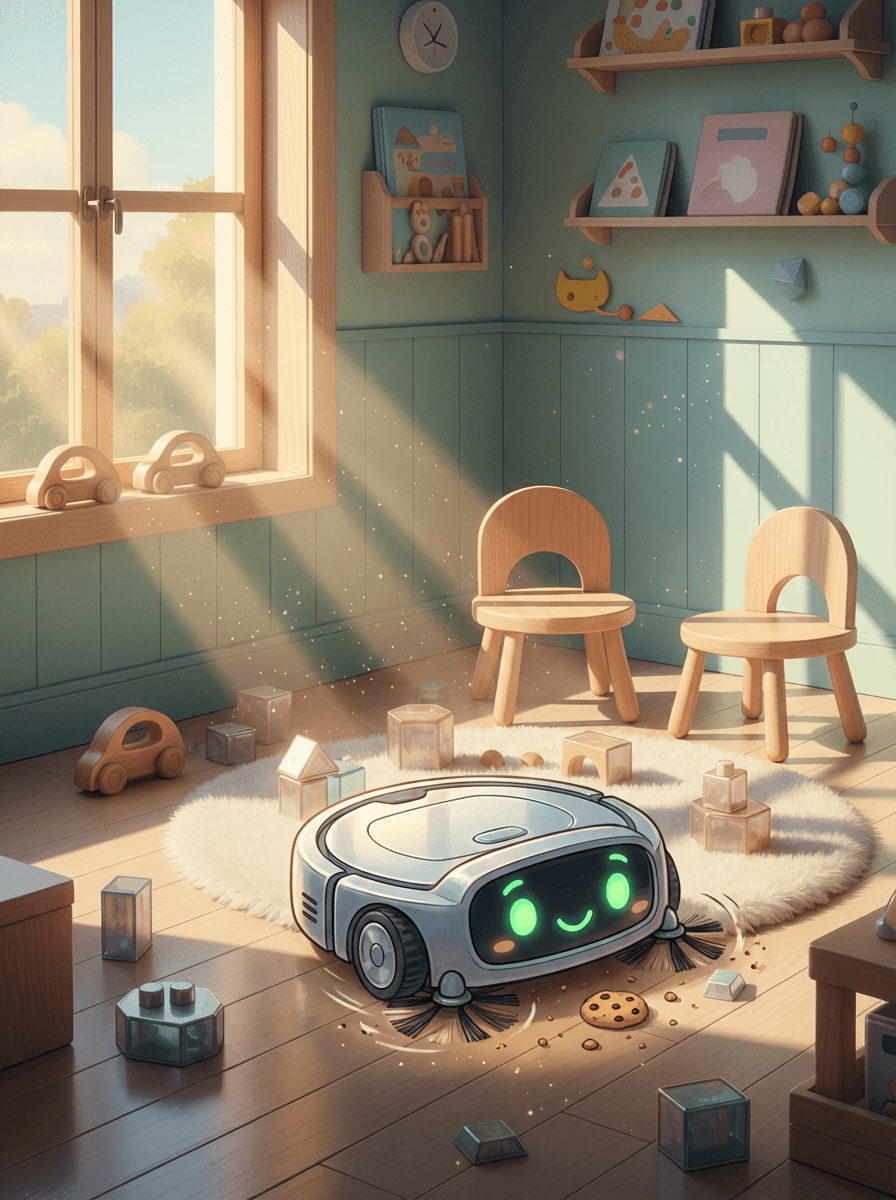 Robotický vysavač Bzučík s paní učitelkou Milou v herně mateřské školy.