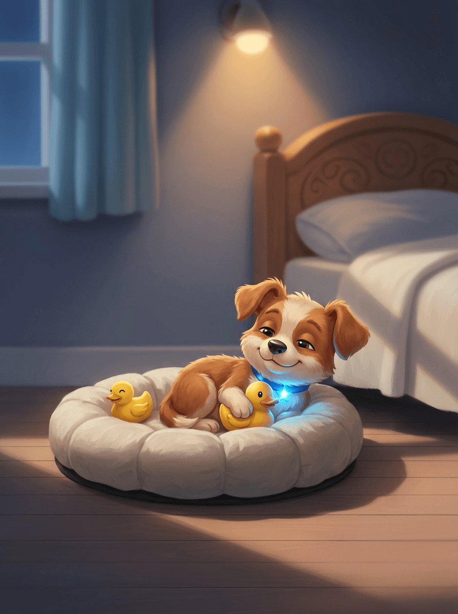 Odvážný pejsek Alík s obojkem prozkoumává stíny pod postelí v pokojíčku.