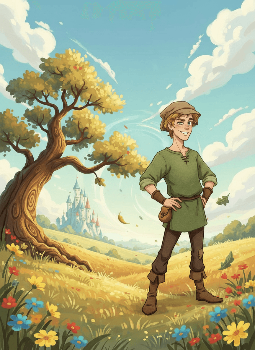 Mladý Honza s batohem na cestách před branami velkolepého královského zámku.