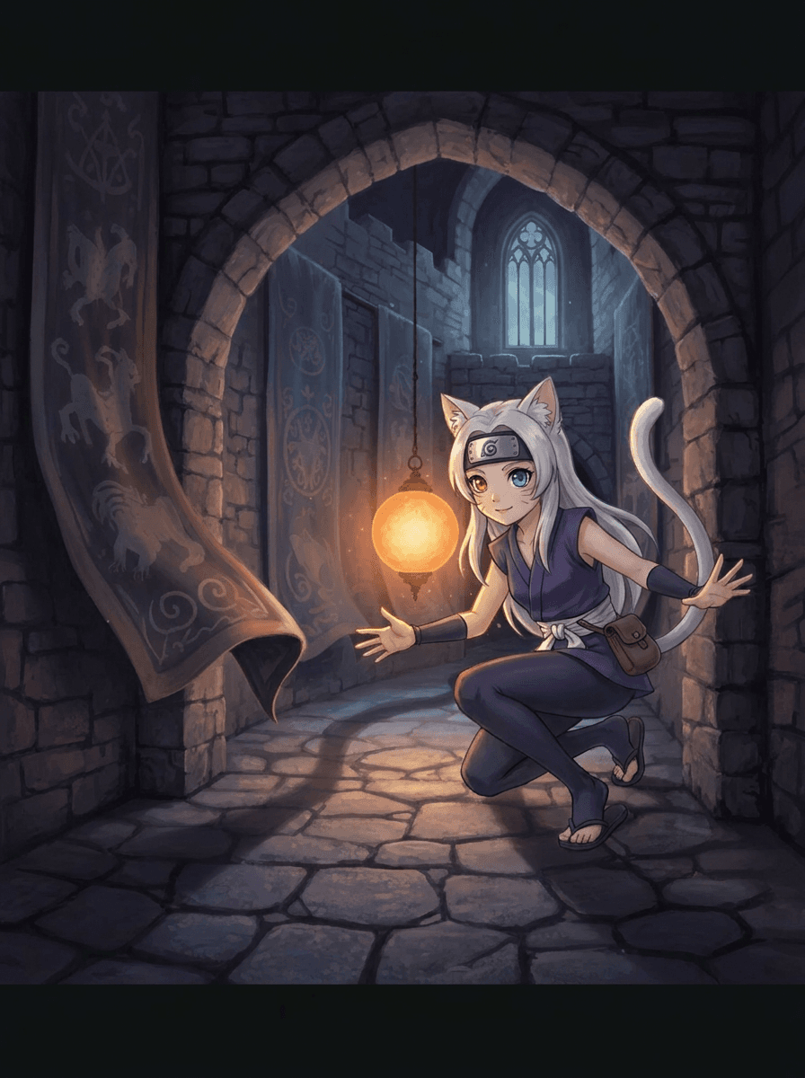 Ninja-kattenmeisje Shiki met zilveren haar in het duistere Kasteel van de Echo's.