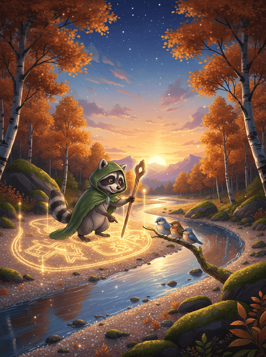 Raccoon in a green hood uses a magical staff to draw maps.