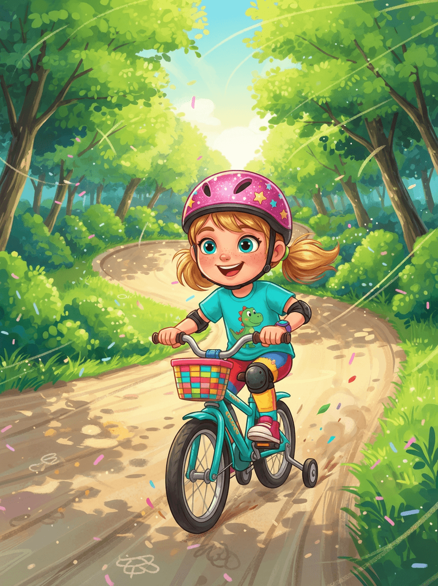 Malá Laurinka v růžové helmě se třpytkami jede na šlapacím kole.