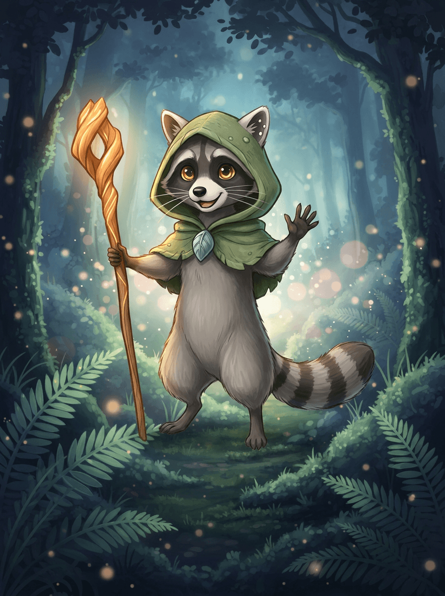 Raccoon tient son bâton magique devant son autobus dans la forêt.