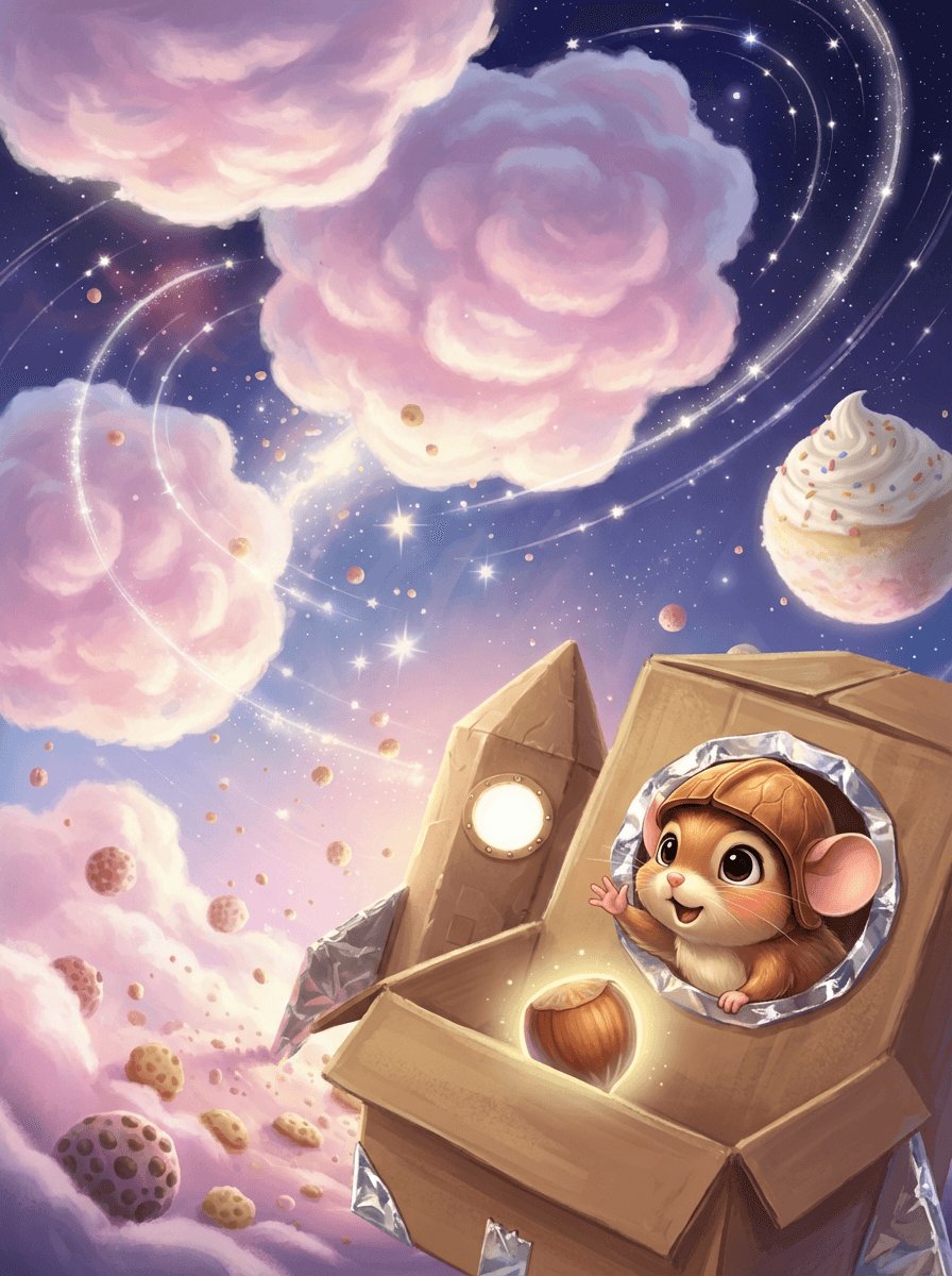 Myška Pip v ořechové helmě sedí ve své raketě z krabice.