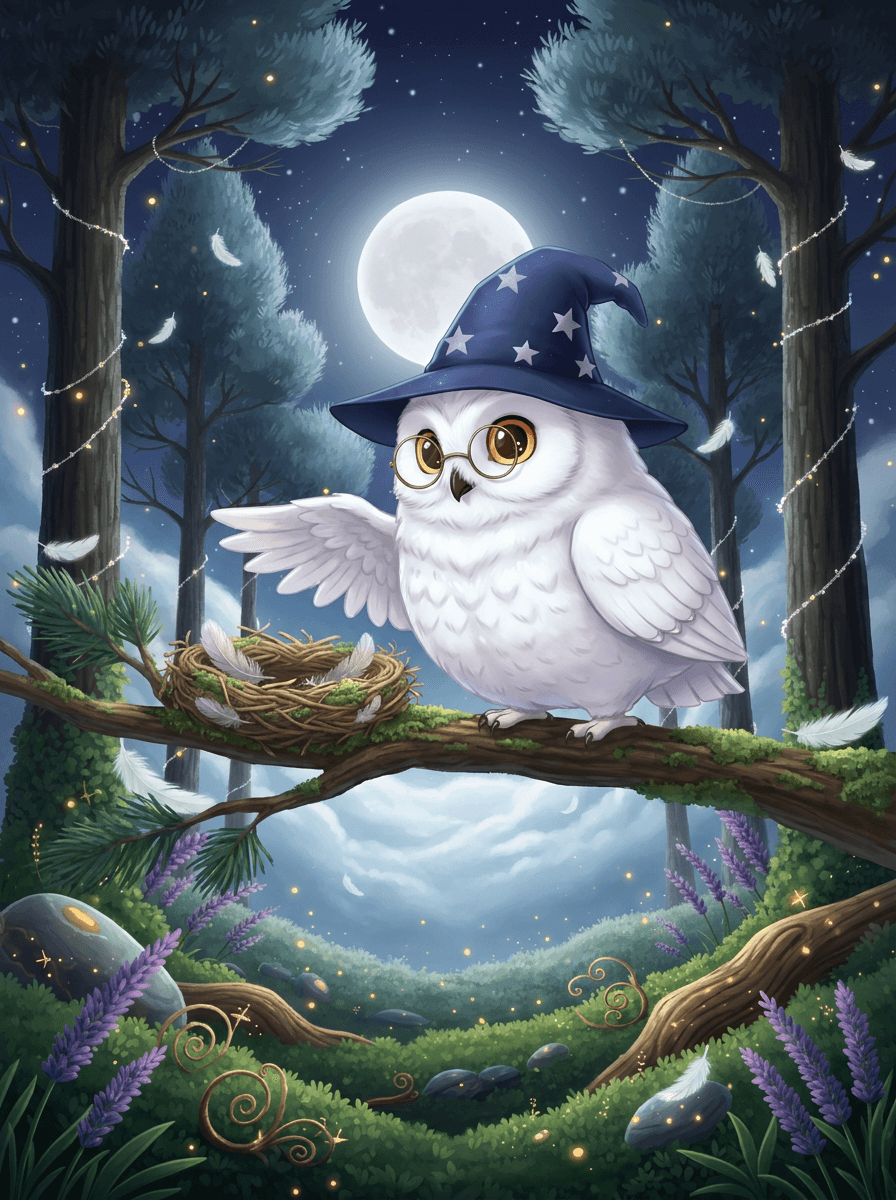 Luna la chouette à lunettes guidant les oiseaux dans la forêt.